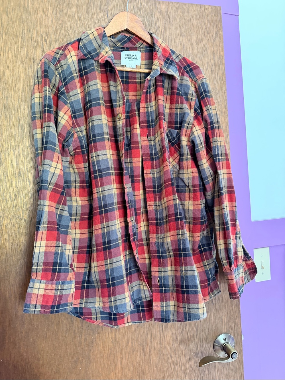 Field & Stream Red Navy Tan Plaid Shirt